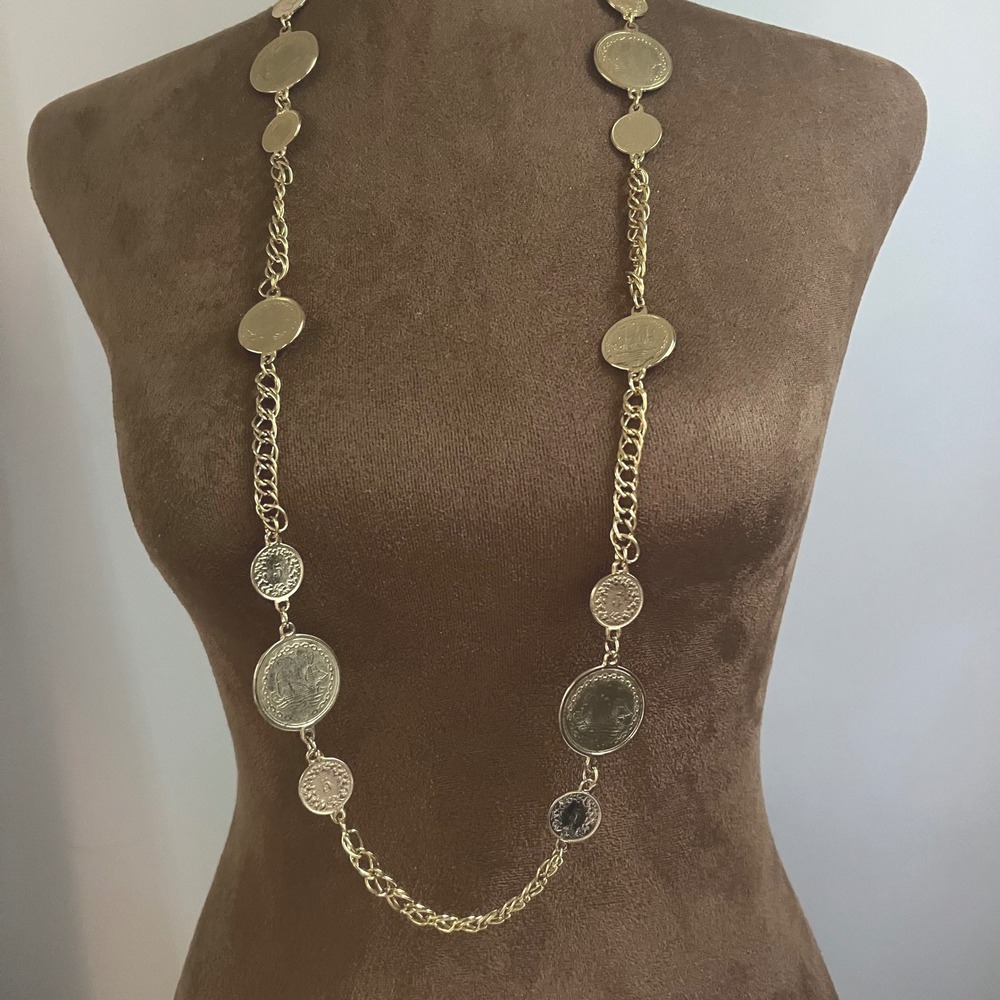 Vintage Gold Tone Multi Coin Medallion Long Chain Necklace 38 Inch Eclectic